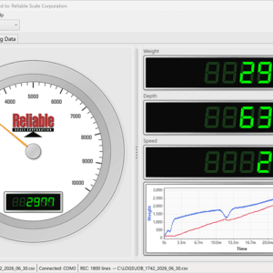 DD-Logger 2 Monitoring tab with weight gauge, digital weight, depth, and speed readouts, and a live trend chart.